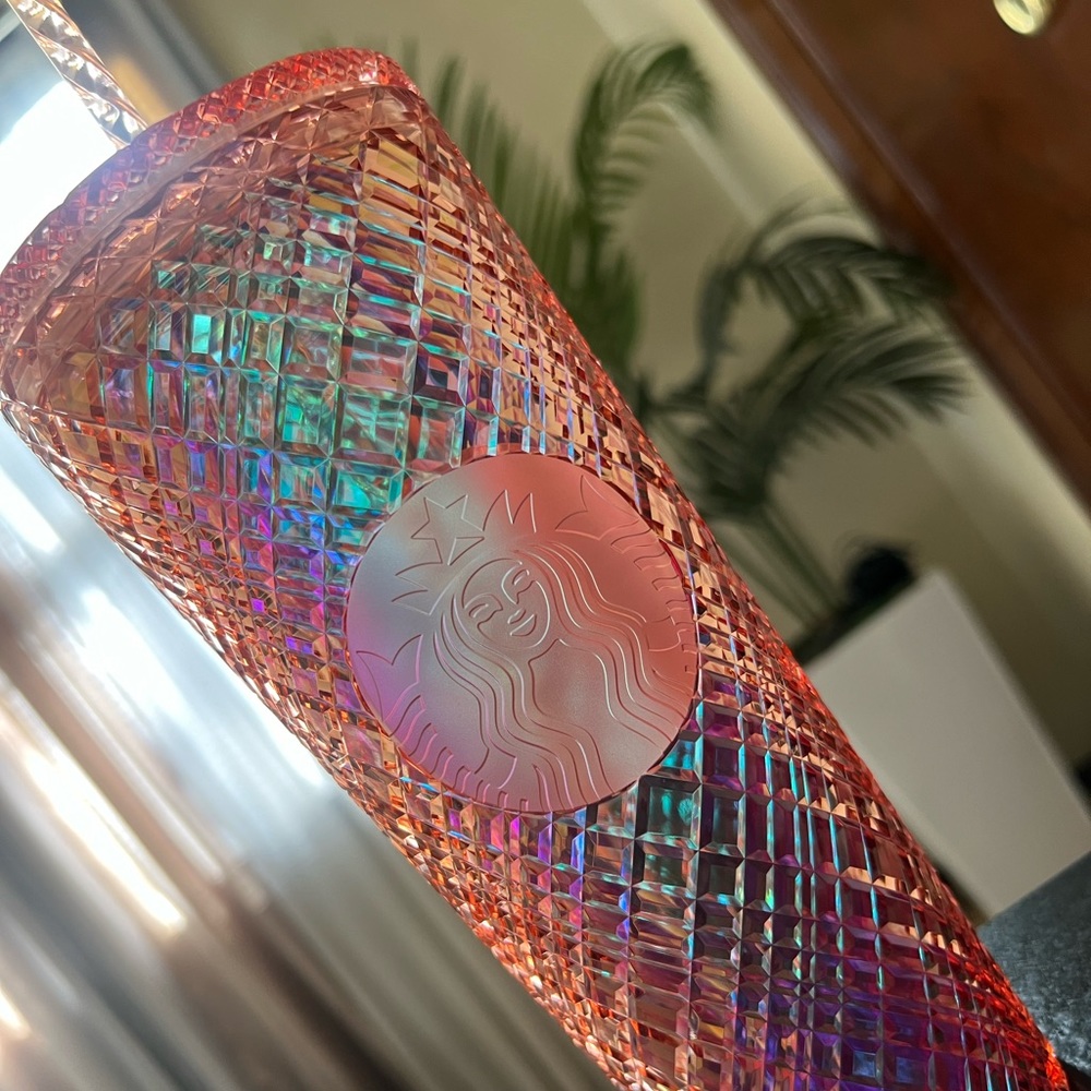 Iridescent Coral Peach Rainbow Jeweled Starbucks Cup